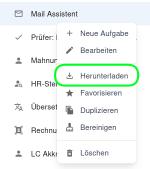 Dropdown-Menü eines digitalen Mitarbeiters mit der Option 'Herunterladen'.